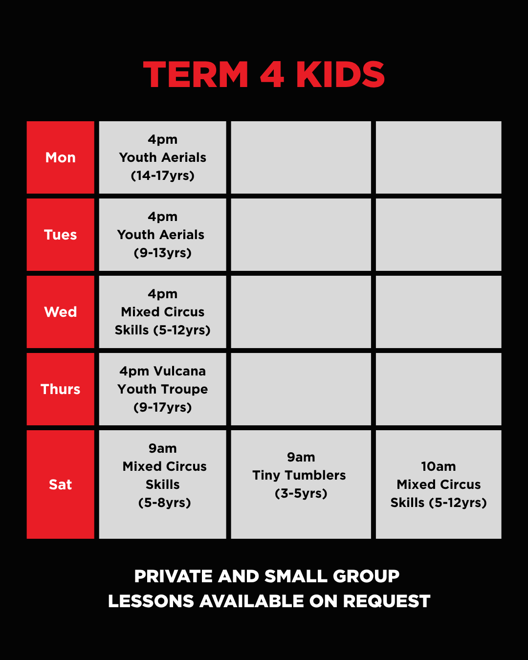 Youth Classes 2 Vulcana Term 4 Kids Circus Class Timetable 2026